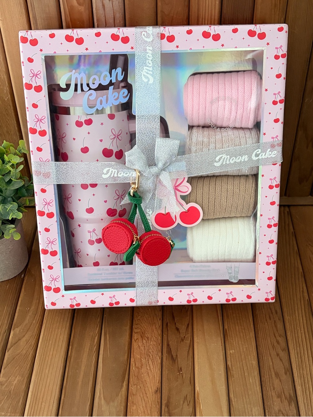 Moon Cake Cherry Tumbler Slouchy Socks Gift Set and Cherry Keychain - Picture 2 of 10